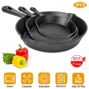 3Pcs Pre-Seasoned Cast Iron Skillet Set 6/8/10in Non-Stick Oven Safe