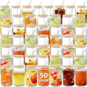 50 pcs, 16 oz Glass Cups, Lids and Straws