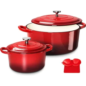 Red Enameled Cast Iron Dutch Oven Set with Lids, 6 QT & 1.5 QT