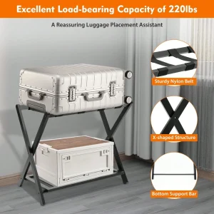 Black Bamboo Foldable Luggage Stand 4 Nylon Straps